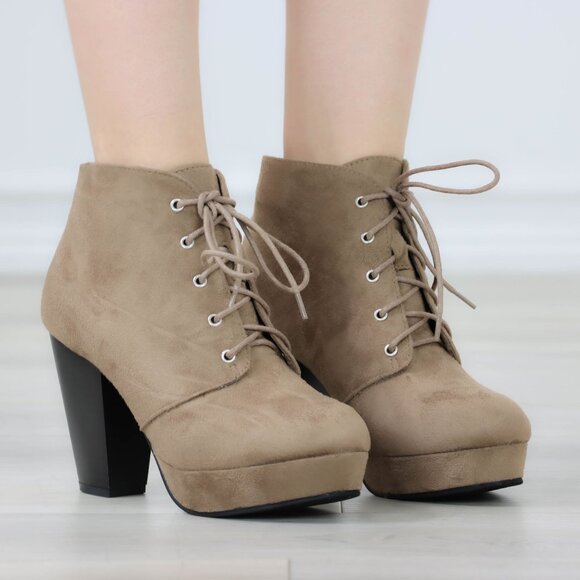 Womens Ankle Boots Lace Up Block Heel Booties Taupe Brown Suede - Picture 2 of 11